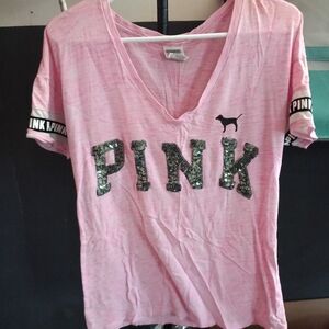 PINK Victoria's Secret Light Pink Sequin Logo Tee